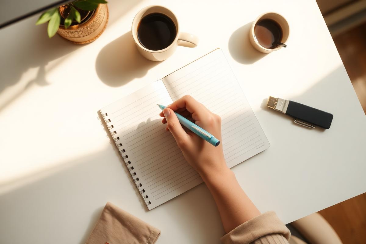 Handwriting work from home with notebook and pen